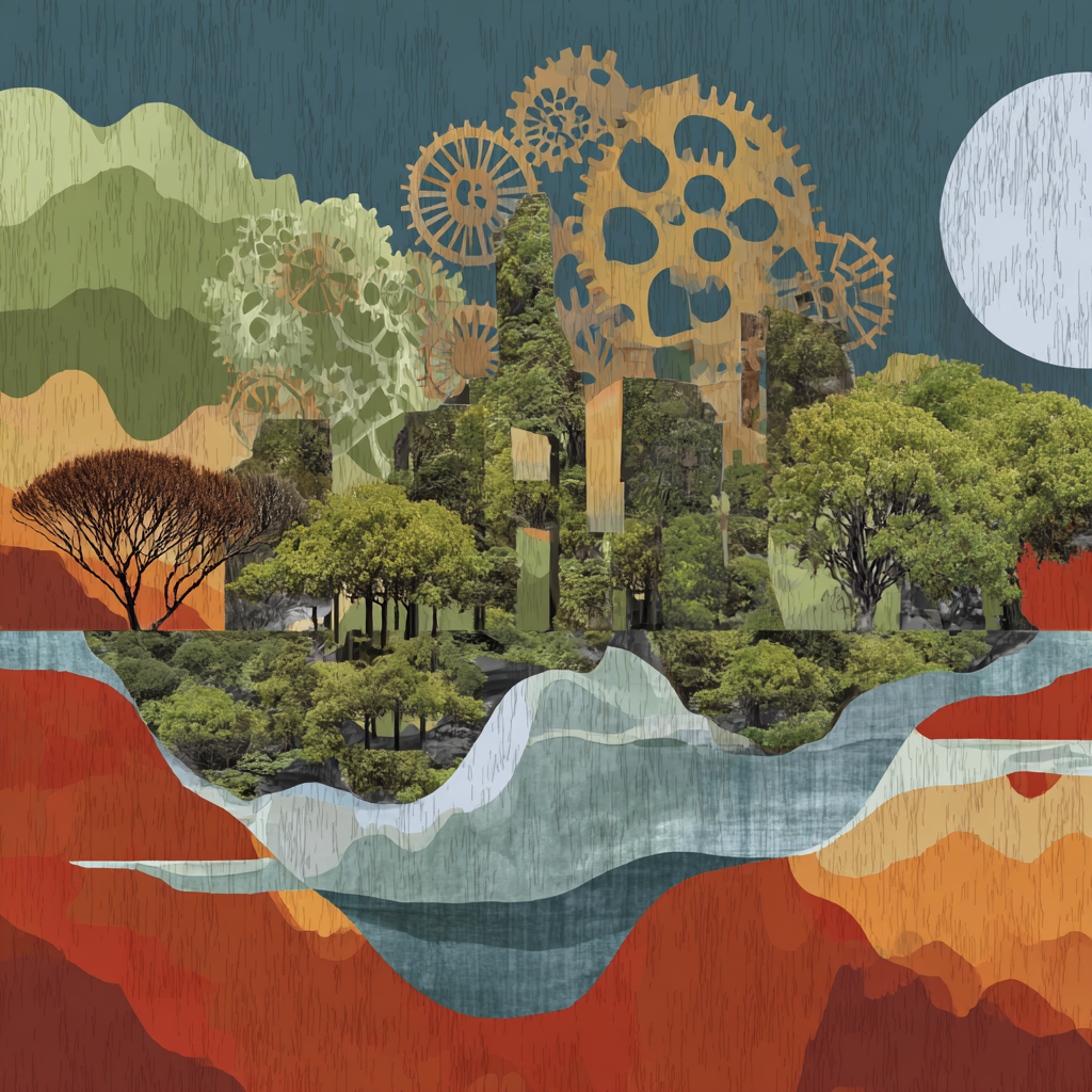An illustrated living landscape integrating ecological systems, human structures and interlocking forms